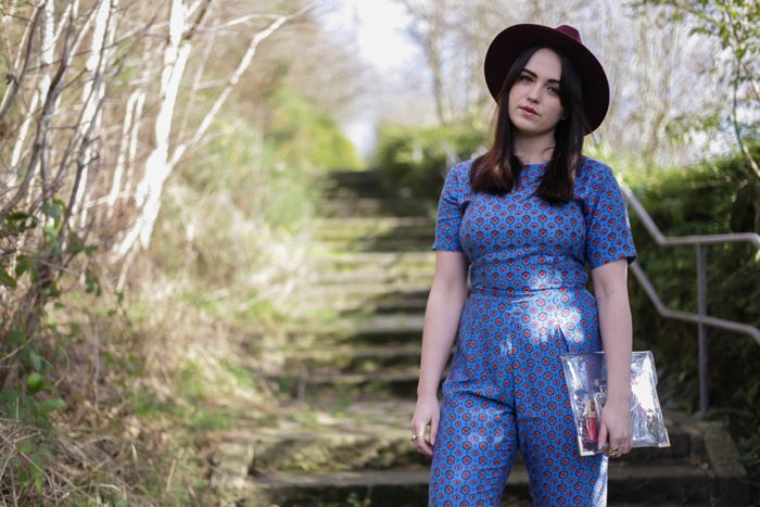 Fashion photo motel rocks jumpsuit uk fashion styling, north east blogger, see through clutch, patterned jumpsuit, fedora