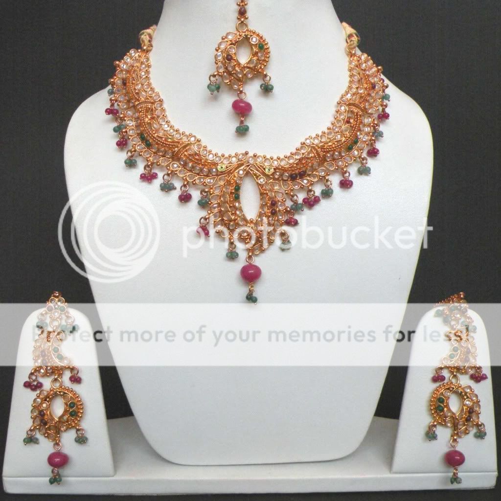 DESIGNER INDIAN GOLDTONE SEMIPRECIOUS STONE CZ BRIDAL POLKI NECKLACE 