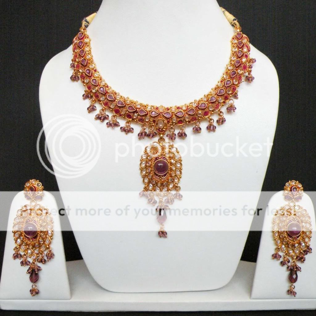 GENUINE INDIAN GOLDTONE SEMIPRECIOUS STONE CZ BRIDAL POLKI NECKLACE 